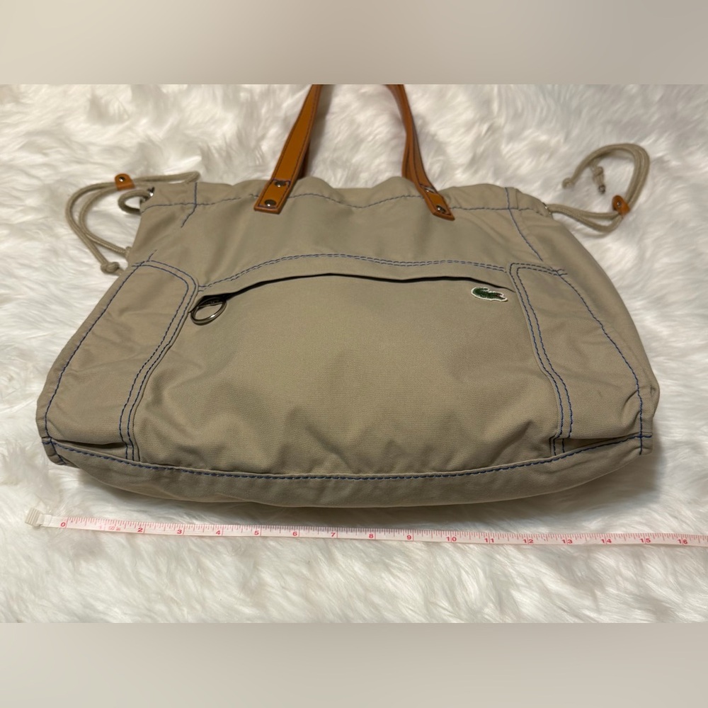 Lacoste Beige Canvas Sportsman Drawstring Tote with Tan Leather Handles - Picture 12 of 14